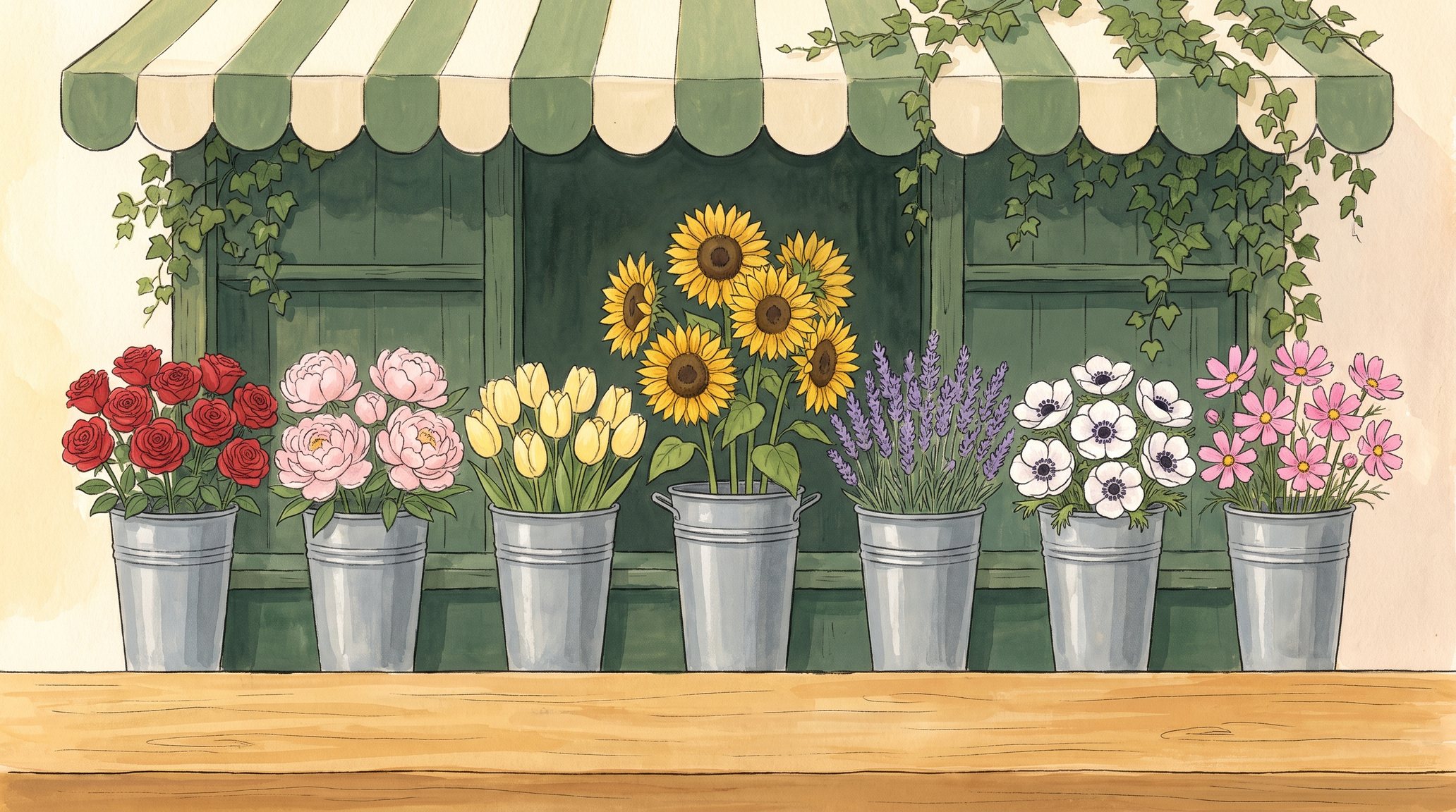 A painted flower stall with seven zinc buckets of roses, peonies, tulips, sunflowers, lavender, anemones and cosmos, above a wooden counter
